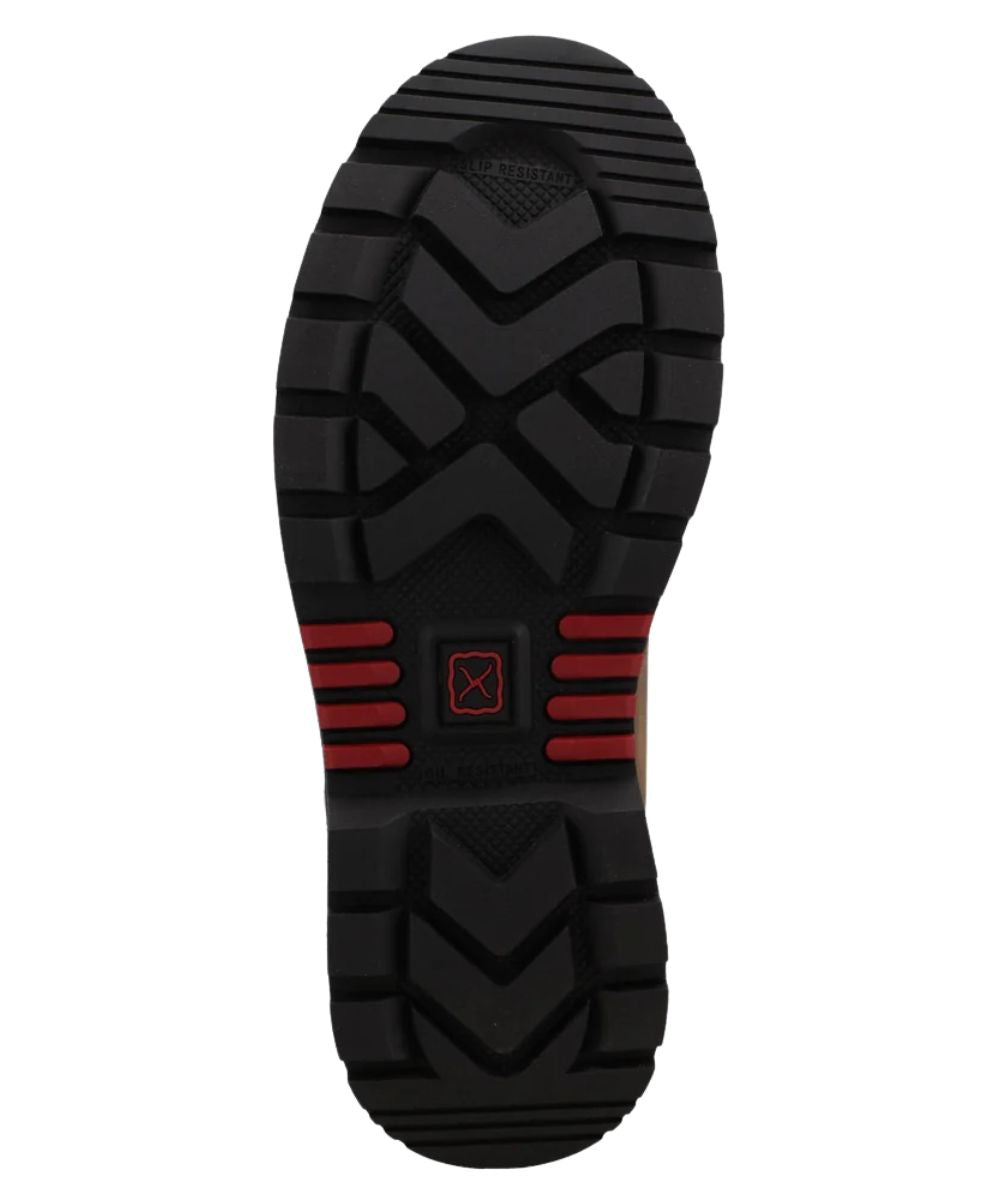 Sole view of the rubber outsole featuring the oil and slip resistance and electrical hazard rating