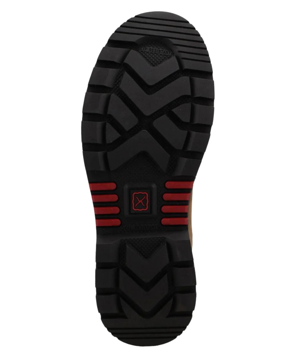 Sole view of the oil and slip resistant rubber outsole featuring the electrical hazard rating