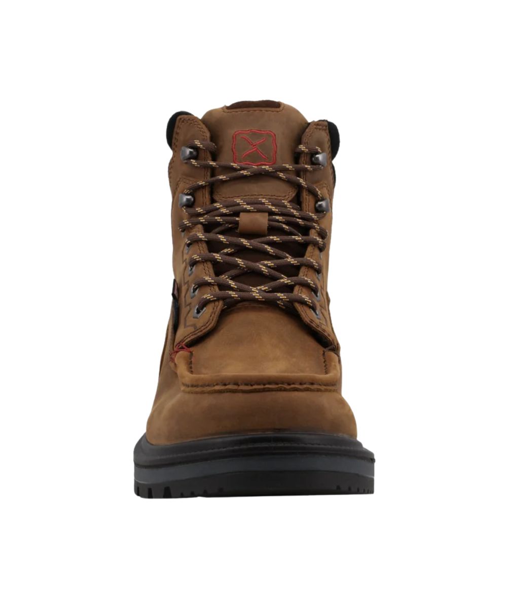 Front view of the men's waterproof work boot featuring the nylon lace-up  entry and soft round toe