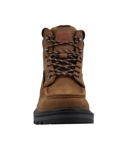 Front view of the men's waterproof work boot featuring the nylon lace-up  entry and soft round toe