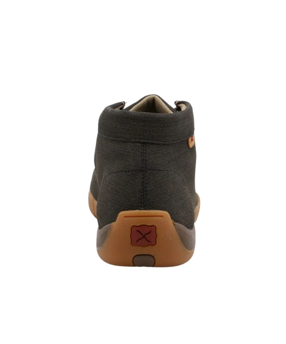 Heel view of the men's charcoal chukka driving moc