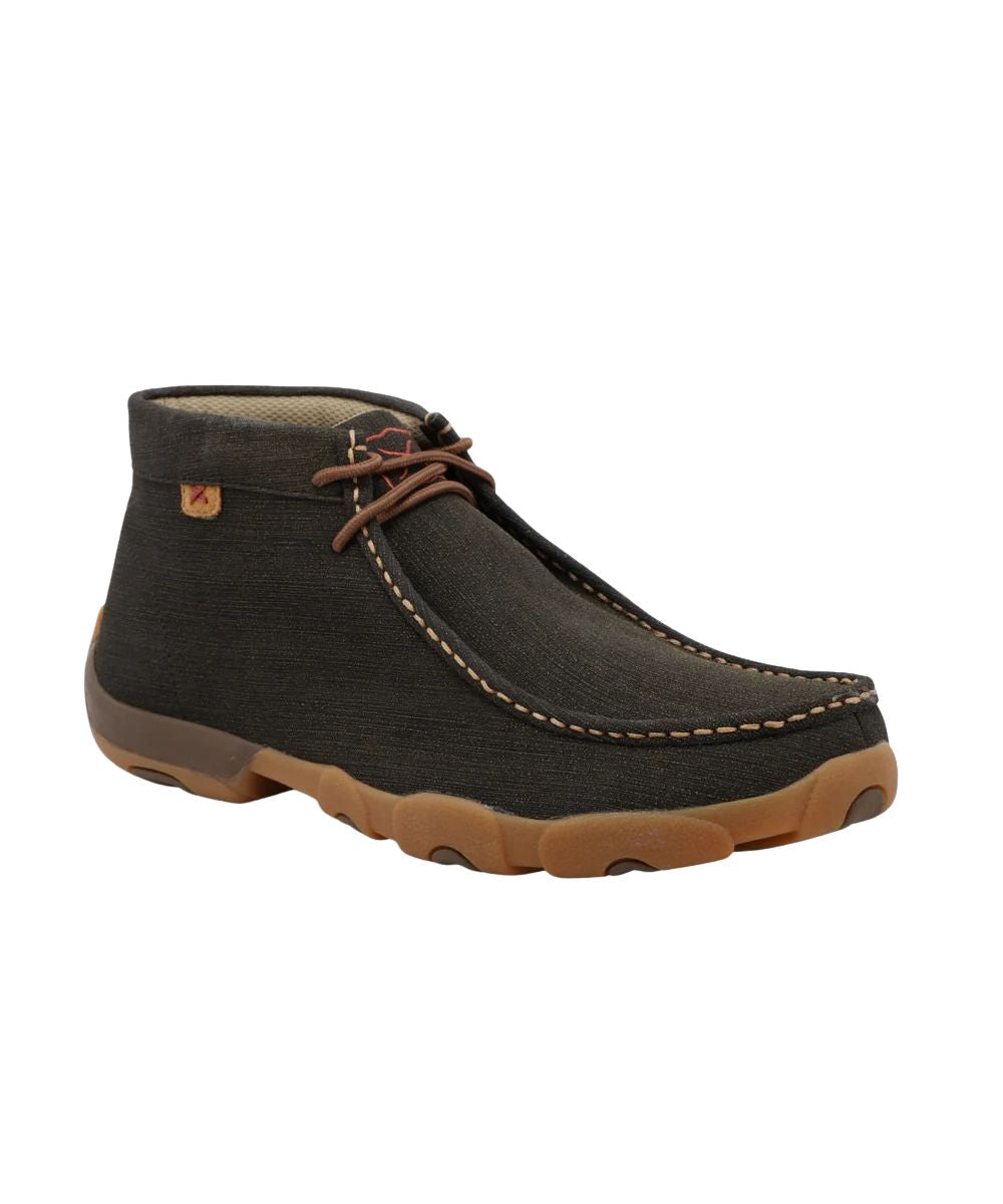 Right angled view of the men's charcoal duratwx chukka driving moc
