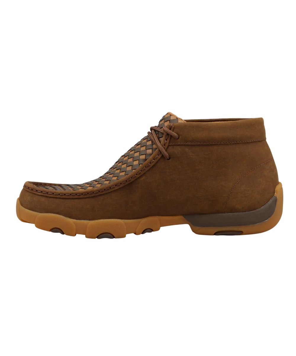 Left side view of the men's chukka driving moc featuring an earth brown leather with an earth and tan woven leather vamp design