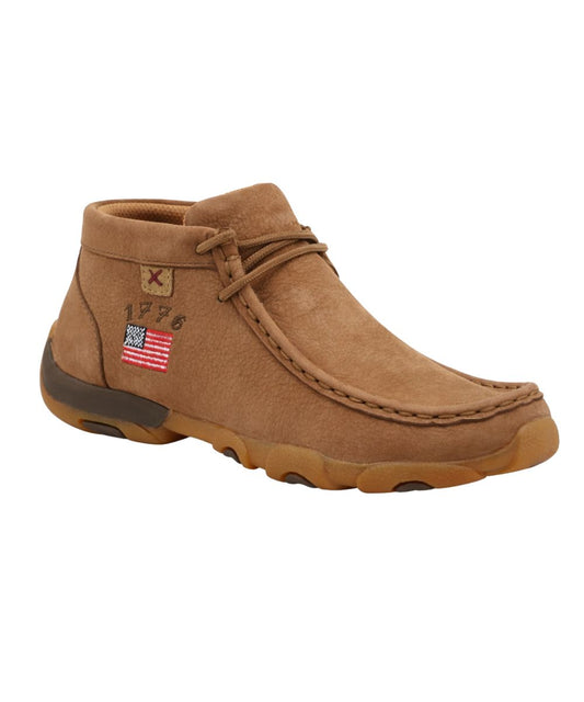 Side view of the men's chukka driving moc, by Twisted X, featuring "1776" and American Flag embroidery, and lace entry.