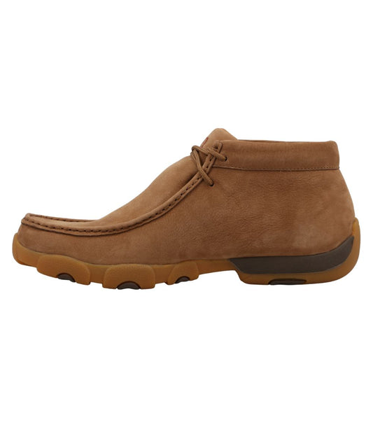 Instep view of the men's chukka driving moc featuring a plain camel brown leather.