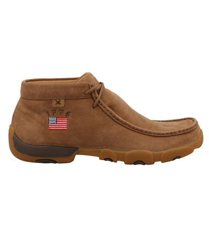 Side view of the men's Twisted X shoe in camel leather featuring American pride.