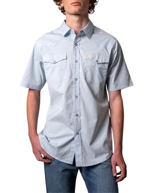 Men's Light Blue Short Sleeve Western Pearl Snap Shirt Featuring Chest Pockets And Western Yokes