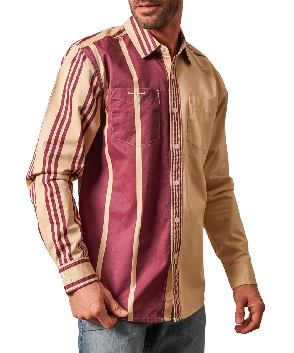 Front view of the men's khaki Kimes Ranch long sleeve button down shirt from the Zach Top Collection featuring the spread collar, open chest pockets with longhorn logo embroidery at the right chest pocket, solid color blocked left side, brushpopper striped print right side, and Zach Tops initials embroidered at the right cuff