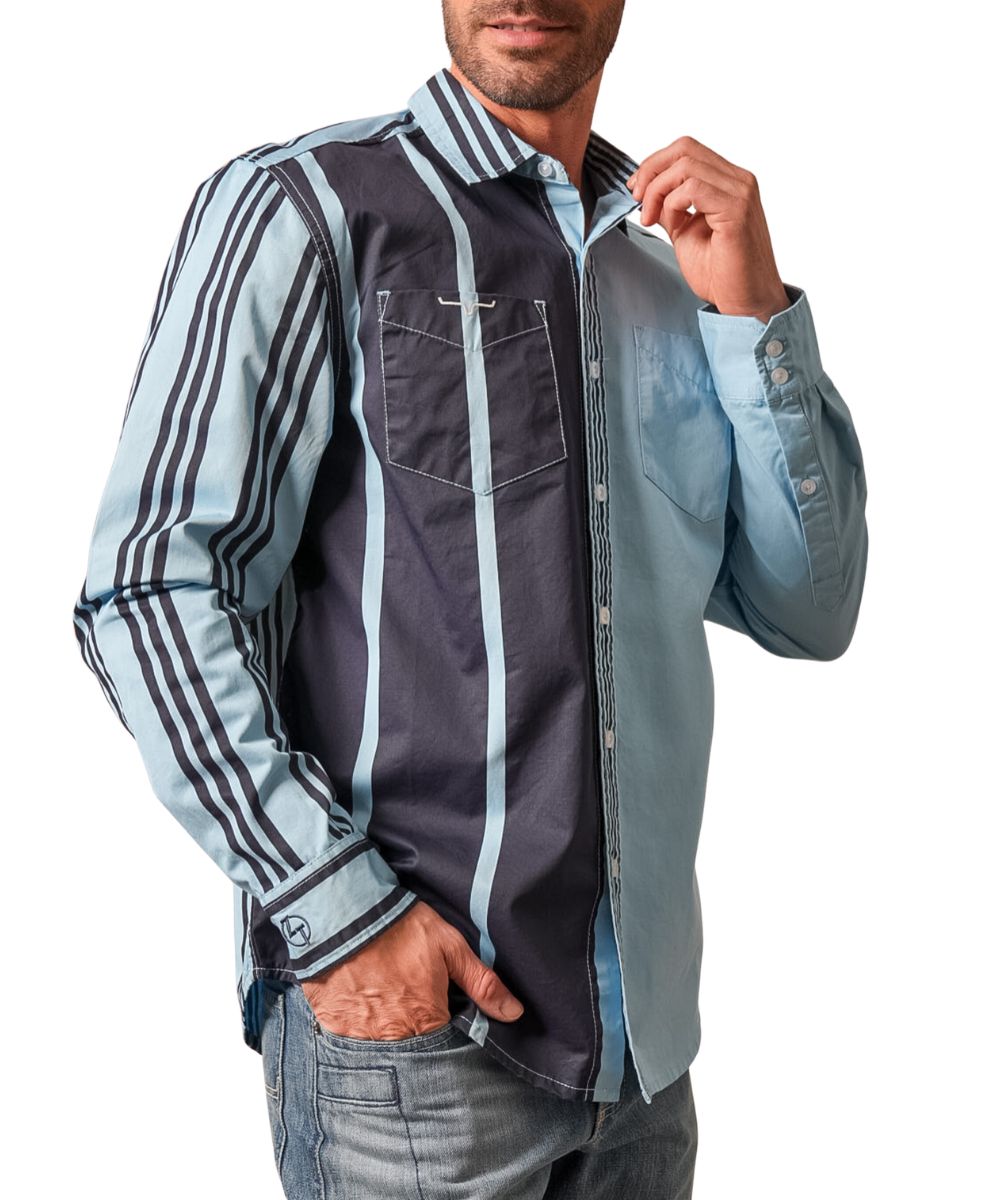 Front view of the men's light blue Kimes Ranch long sleeve button down shirt from the Zach Top Collection featuring the spread collar, open chest pockets with longhorn logo embroidery at the right chest pocket, solid color blocked left side, brushpopper striped print right side, and Zach Tops initials embroidered at the right cuff