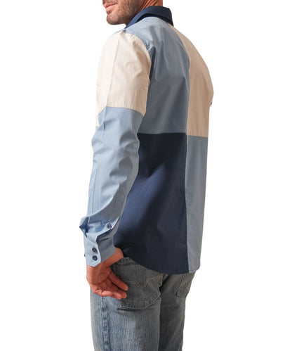Back view of the men's classic fit mid blue color blocked long sleeve button down shirt