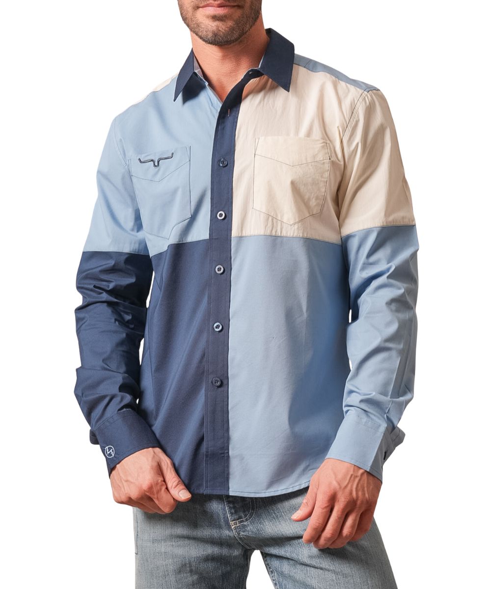 Front view of the men's mid blue Kimes Ranch Zach Top long sleeve button down shirt featuring the spread collar, color blocked design, double open chest pockets, and Zach Top's signature logo embroidery at the right cuff