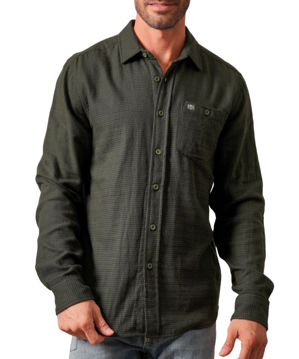 Front view of the men's forest green Kimes Ranch long sleeve button down flannel shirt featuring the button-through chest pocket, spread collar, and check plaid print