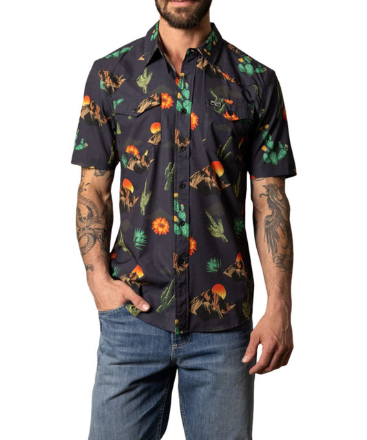 Men's Black Short Sleeve Button Down Shirt Featuring A Geometric Desert Print And Button-Through Flap Chest Pockets