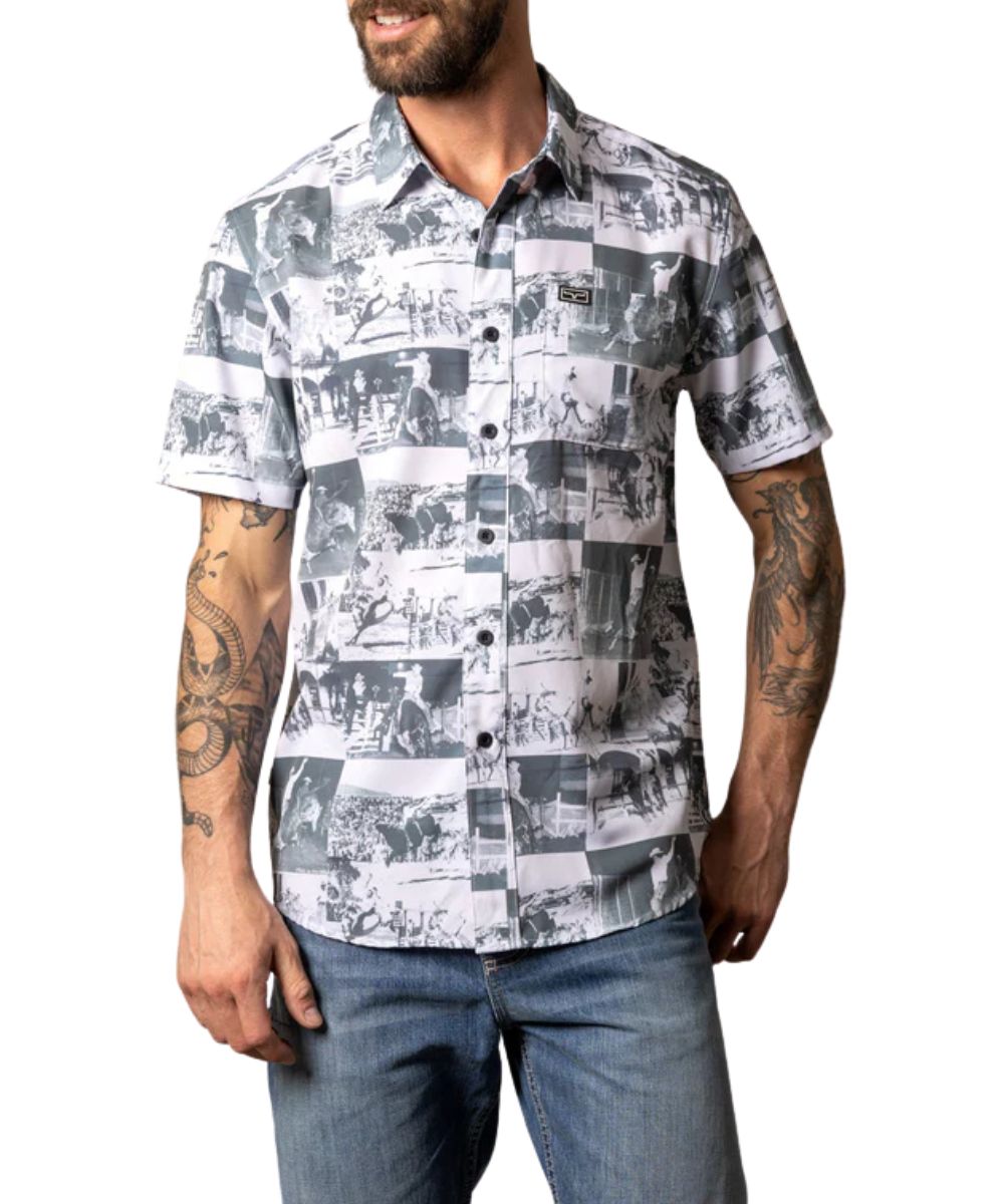 Men's Lightweight, Breathable Short Sleeve Button Down Shirt Featuring A Rodeo Photograph Print In Black And White