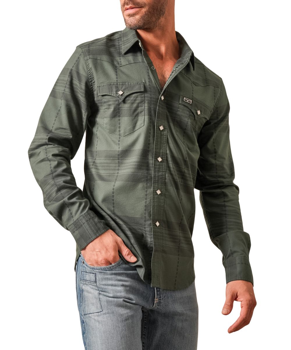 Front view of the men's forest green Kimes Ranch snap shirt featuring the long sleeves, spread collar, diamond-shaped pearl snaps, chest pockets, western yokes, and horizontal tonal striping with vertical embroidered print