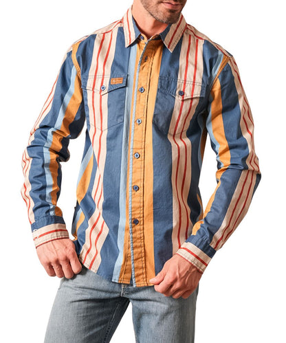Front view of the men's dark blue Kimes Ranch Long Sleeve Button Down Noxx Shirt from the Zach Top Collection featuring the spread collar, blue buttons, button-through flap chest pockets, and the multi mixed striped print with pin stripes and broad band stripes