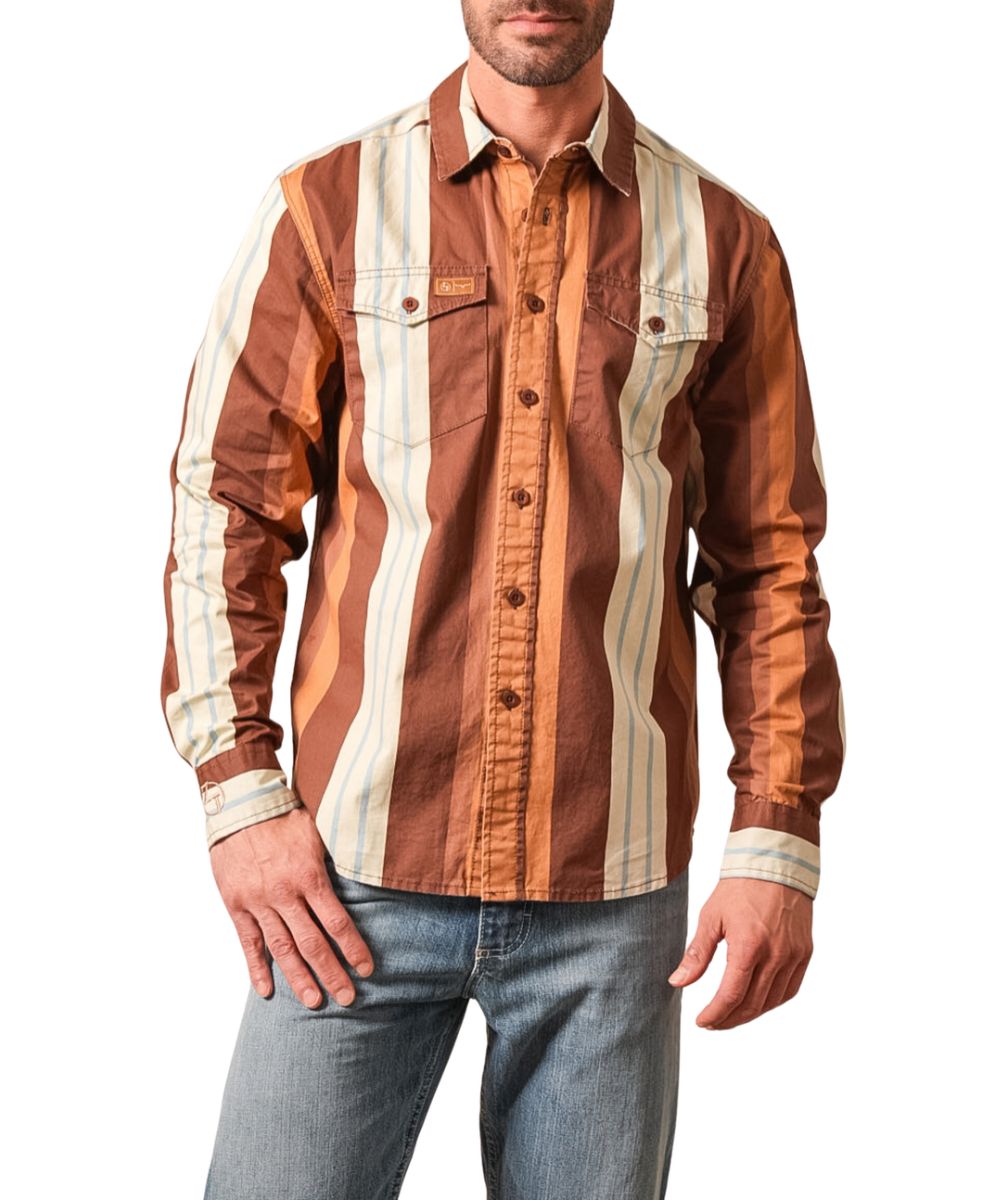 Front view of the men's dark brown Kimes Ranch Long Sleeve Button Down Noxx Shirt from the Zach Top Collection featuring the spread collar, brown buttons, button-through flap chest pockets, and the multi mixed striped print with pin stripes and broad band stripes