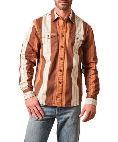Front view of the men's dark brown Kimes Ranch Long Sleeve Button Down Noxx Shirt from the Zach Top Collection featuring the spread collar, brown buttons, button-through flap chest pockets, and the multi mixed striped print with pin stripes and broad band stripes