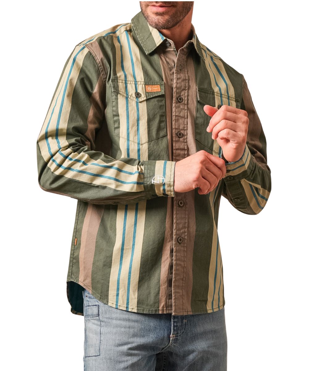 Front view of the men's forest green Kimes Ranch Long Sleeve Button Down Noxx Shirt from the Zach Top Collection featuring the spread collar, green buttons, button-through flap chest pockets, and the multi mixed striped print with pin stripes and broad band stripes
