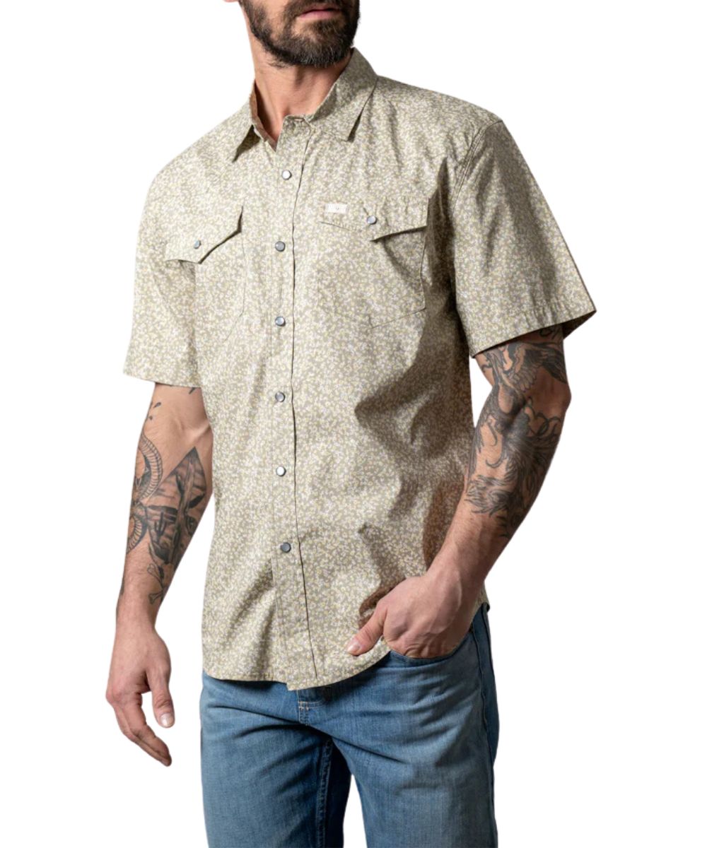 Men's Sage Green Short Sleeve Snap Shirt In A Floral Print, Featuring Western Yokes And Pearl Snaps
