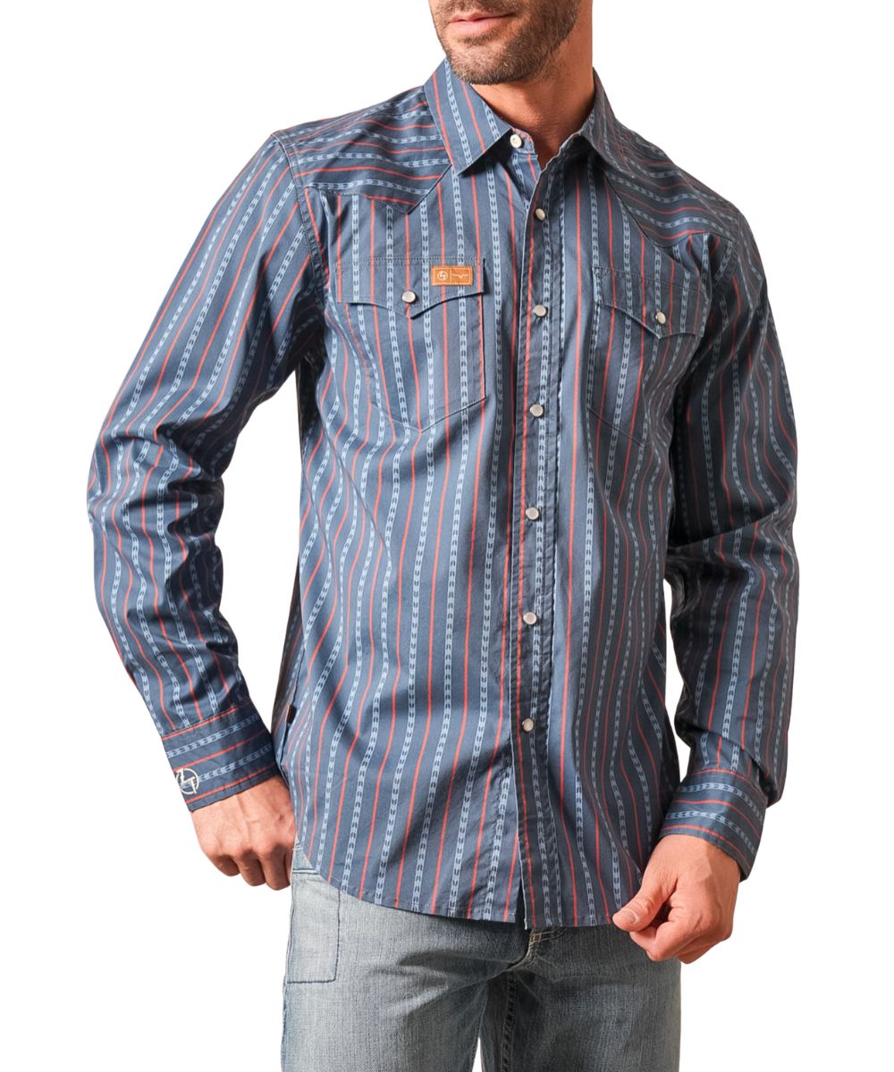 Front view of the men's dark blue Kimes Ranch Long Sleeve Solano Snap Shirt from the Zach Top Collection featuring the blue striped print, spread collar, pearl snaps, chest pockets, western yokes, and ZT's initials embroidered at the right cuff