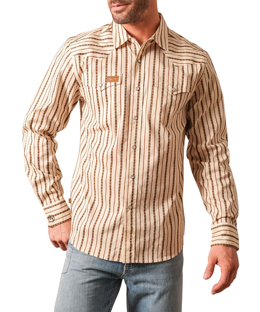 Front view of the men's natural Kimes Ranch Long Sleeve Solano Snap Shirt from the Zach Top Collection featuring the brown striped print, spread collar, pearl snaps, chest pockets, western yokes, and ZT's initials embroidered at the right cuff