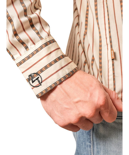 Close-up view of the patterned stripe print and Zach Top's signature initials (ZT) embroidered at the right shirt cuff