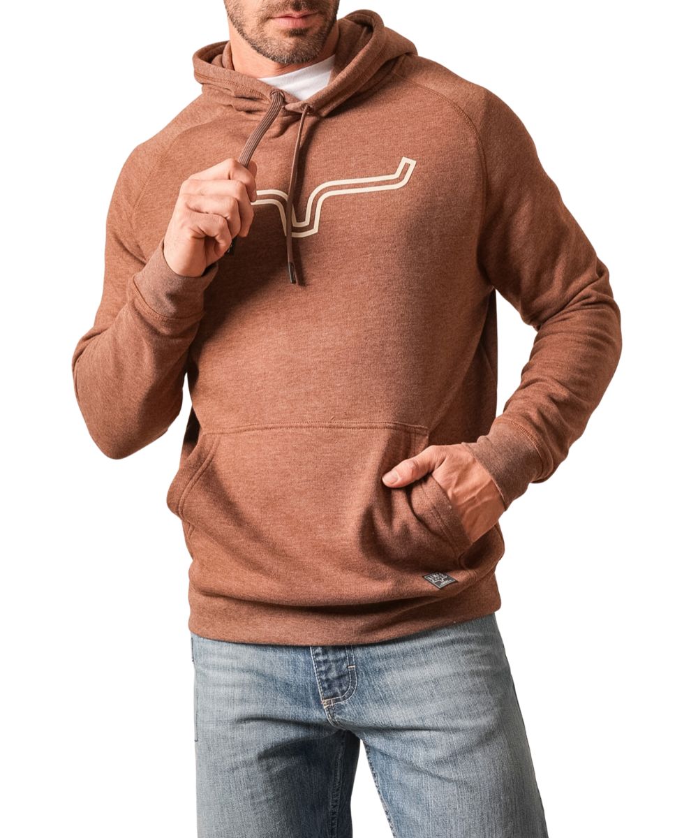 Front view of the men's dark brown heather Kimes Ranch Hoodie featuring the relaxed fit, longhorn logo screen-printed at the chest, kangaroo pocket, and the hooded collar with a drawstring