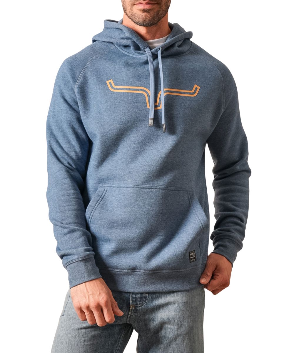 Front view of the men's navy heather Kimes Ranch Hoodie featuring the relaxed fit, longhorn logo screen-printed at the chest, kangaroo pocket, and the hooded collar with a drawstring