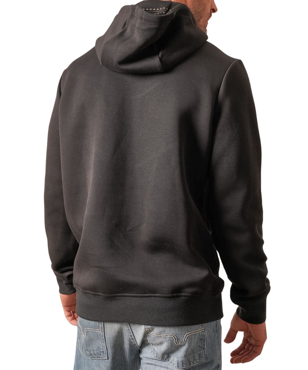 Back view of the men's black long sleeve hooded sweatshirt featuring the contrast hood lining and the ribbed cuffs and hem