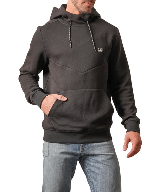 Front view of the men's black Kimes Ranch Inman Hoodie featuring the long sleeves, cowl neck, hooded collar with contrast drawstring, rubber logo patch at the left chest, chevron seam detailing across the chest, kangaroo pocket, and ribbed cuffs and hem