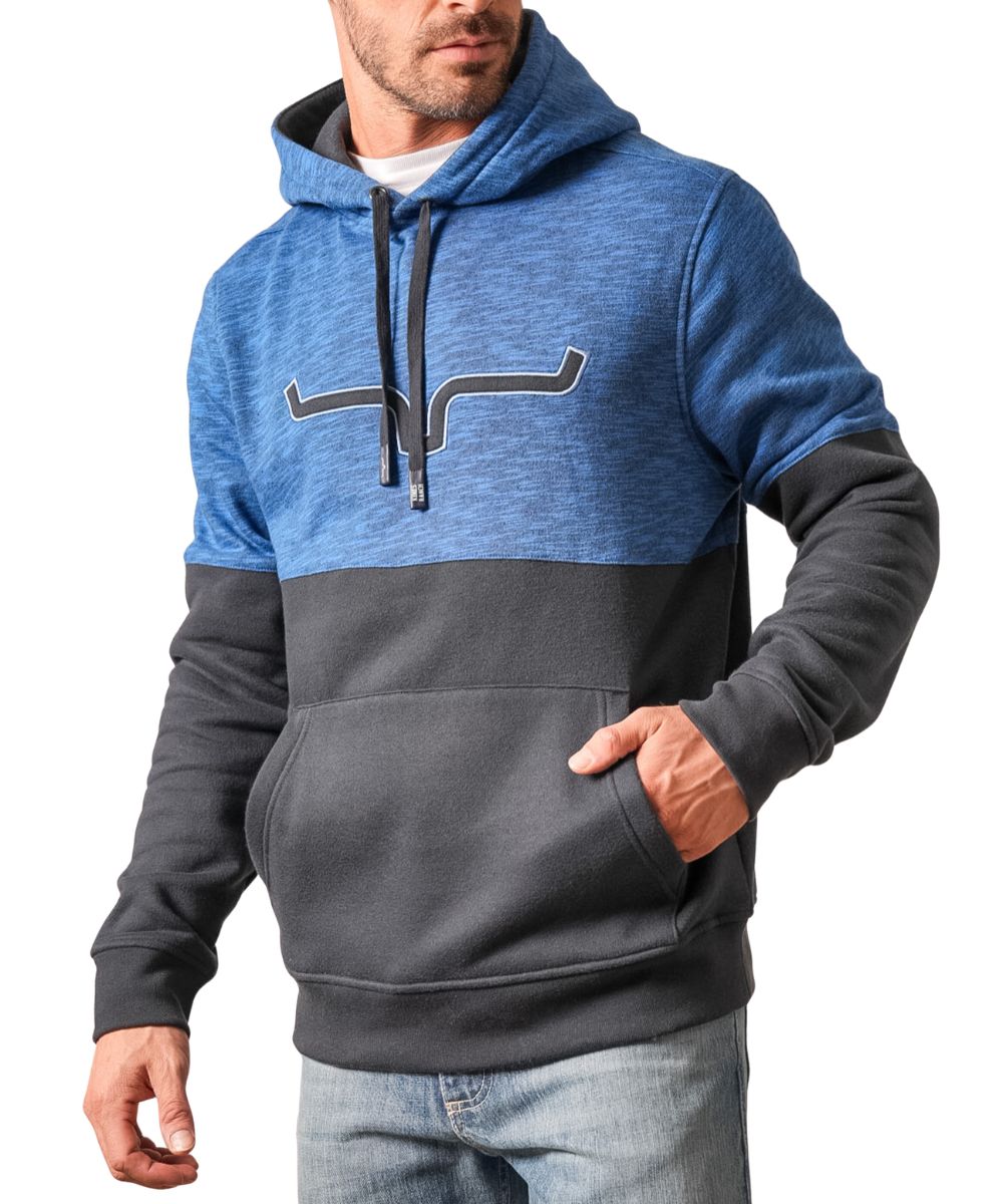 Front view of the men's blue Kimes Ranch hoodie featuring the long sleeves, hooded collar with drawstring, bold longhorn logo embroidery at the chest, kangaroo pocket, color-blocked design, and rib knit trim