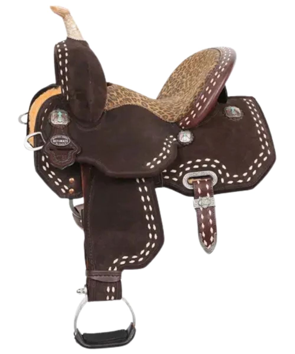 Martha Josey's Circle Y chocolate suede leather barrel saddle featuring the 13" leopard seat, double white buck stitching, youth fenders, shorter horn, youth stirrups, 9" swell, and a 5" cantle