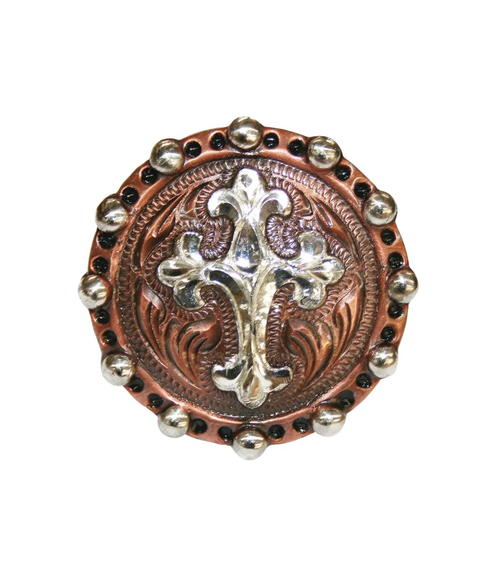 Close-up view of the copper cross conchos on the chocolate barrel saddle