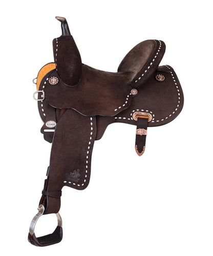 Chocolate brown leather Circle Y Martha Josey barrel saddle featuring the white buck stitch border, 14" seat, wide tree, shorter skirt perfect for extra short-backed horses, and 3-way rigging that eliminates the need for a rear cinch because it distributes rigging pressure over a great area
