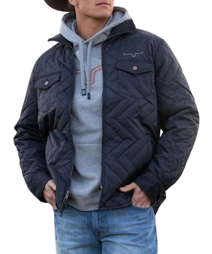 Front view of the men's black Kimes Ranch Jacket featuring the zip-up closure, snap flap chest pockets, adjustable snap cuffs, a quilted zig-zag pattern, and a mock collar