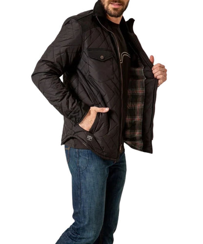 Interior view of the men's black jacket featuring the quilted plaid lining and a logo label at the right side hem