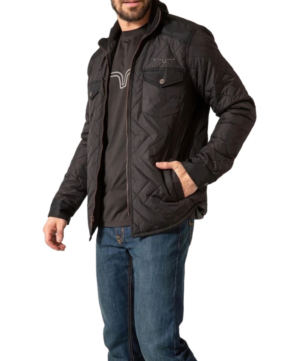 Side view of the men's black jacket featuring the welted hand pockets, adjustable snap cuffs, and embroidered longhorn logo above the left chest pocket