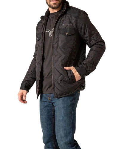 Side view of the men's black jacket featuring the welted hand pockets, adjustable snap cuffs, and embroidered longhorn logo above the left chest pocket