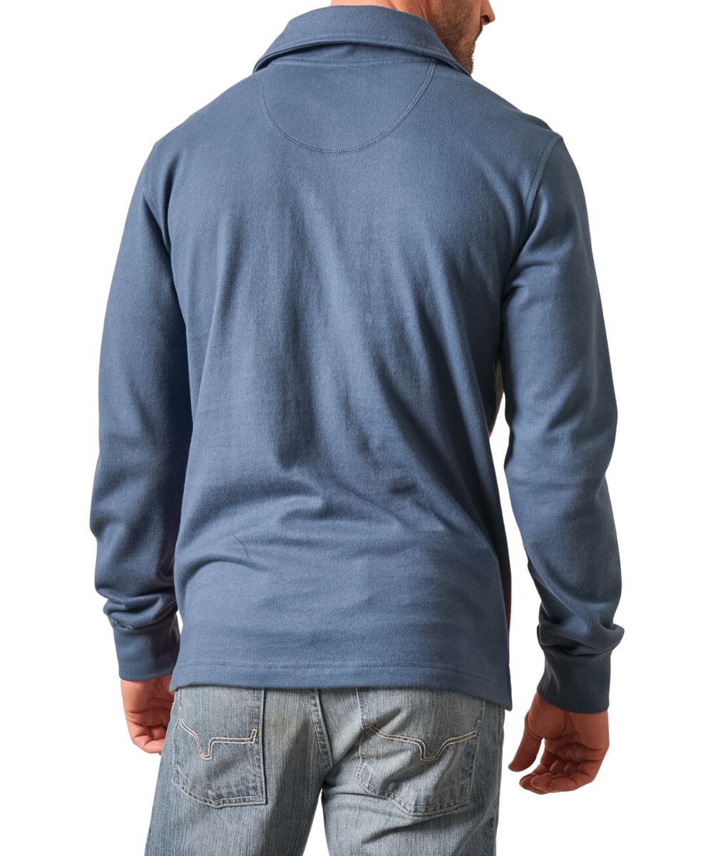 Back view of the men's dark blue 1/4 zip pullover featuring the mock collar and solid print dark blue back
