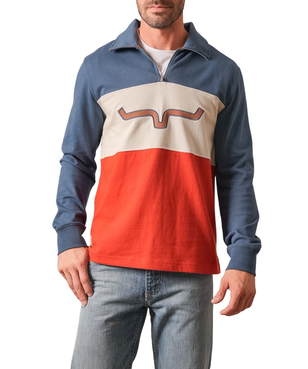 Front view of the men's dark blue Kimes Ranch long sleeve pullover featuring the 1/4 zip closure, mock collar, logo applique embroidered on the front, color blocked front design with dark blue, white, and red panels, and a straight hem