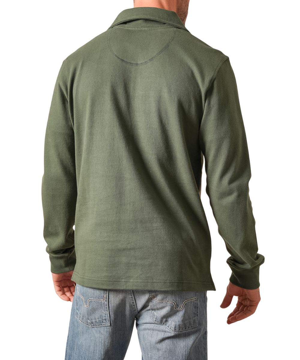 Back view of the men's forest green 1/4 zip pullover featuring the mock collar and solid print forest green back