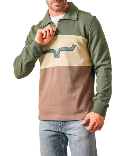 Front view of the men's forest green Kimes Ranch long sleeve pullover featuring the 1/4 zip closure, mock collar, logo applique embroidered on the front, color blocked front design with forest green, cream, and brown panels, and a straight hem