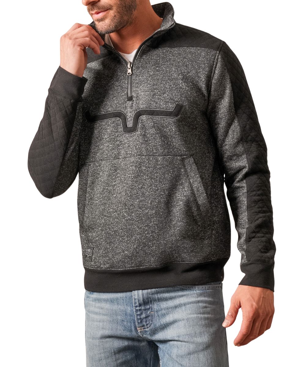 Front view of the men's charcoal heather Kimes Ranch 1/4 Zip Pullover featuring the long sleeves, mock collar, longhorn logo embroidery at the chest, kangaroo pocket, quilted sleeve and shoulder panels, and rib knit trim
