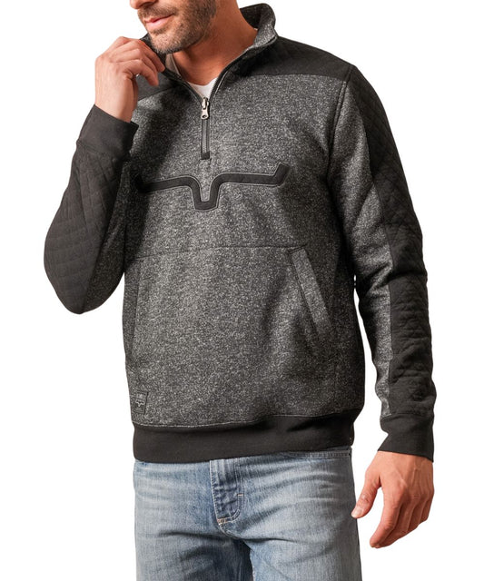 Front view of the men's charcoal heather Kimes Ranch 1/4 Zip Pullover featuring the long sleeves, mock collar, longhorn logo embroidery at the chest, kangaroo pocket, quilted sleeve and shoulder panels, and rib knit trim