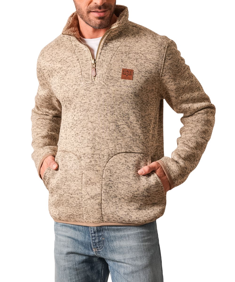 Front view of the men's natural Kimes Ranch pullover featuring the 1/4 zip closure, mock neck, leather logo patch at the left chest, and side seam hand pockets