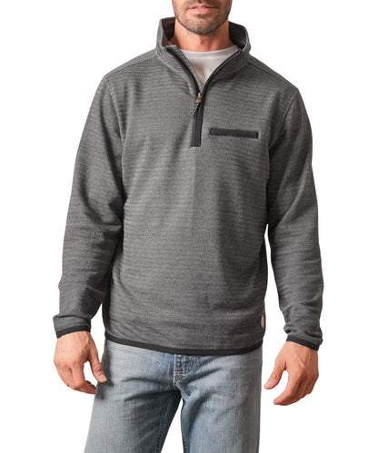 Front view of the men's black Kimes Ranch long sleeve pullover featuring the houndstooth pattern, mock collar, 1/4 zip closure, zippered welt chest pocket, and a leather logo patch at the hem