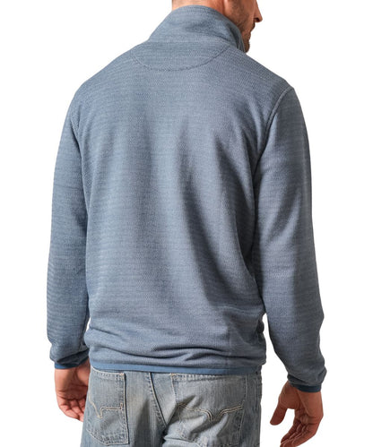 Back view of the men's blue 1/4 zip pullover featuring the houndstooth pattern