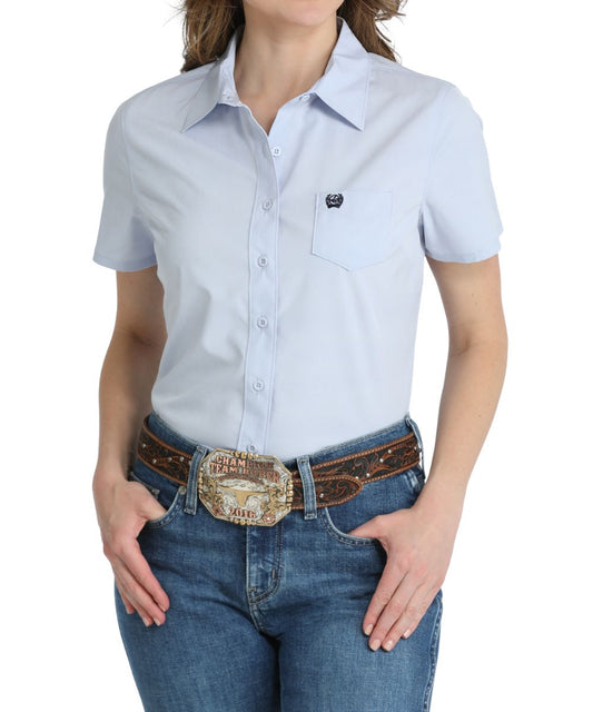 Women's Light Blue Short Sleeve Button Down Shirt