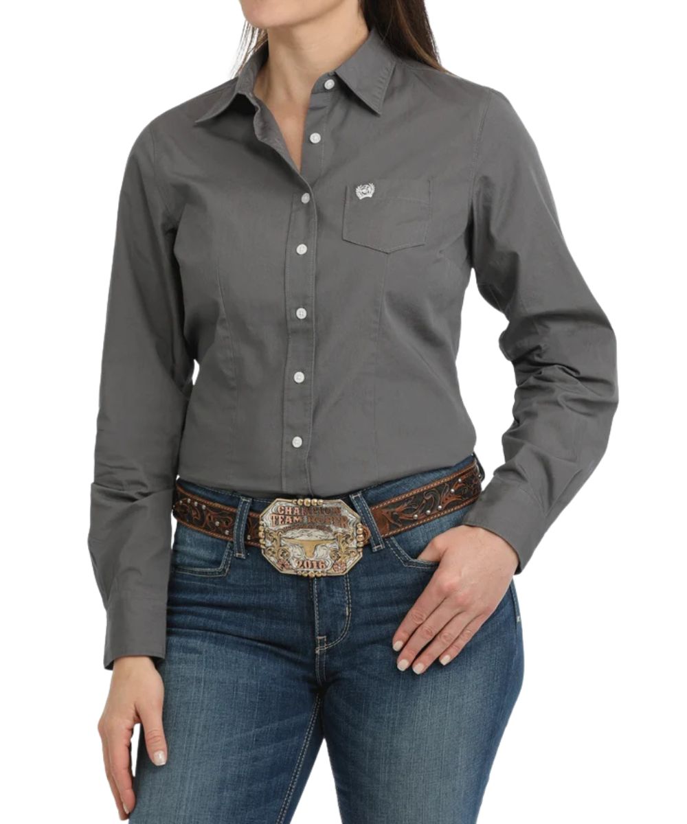 Front view of the women's charcoal grey solid print long sleeve western button down shirt featuring the single open chest pocket